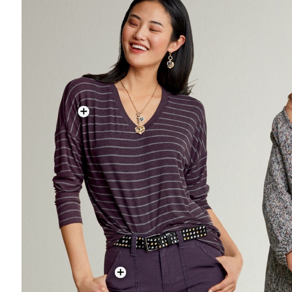 CAbi 3998 Maroon and Gray Striped V-Neck Long Sleeve Top
